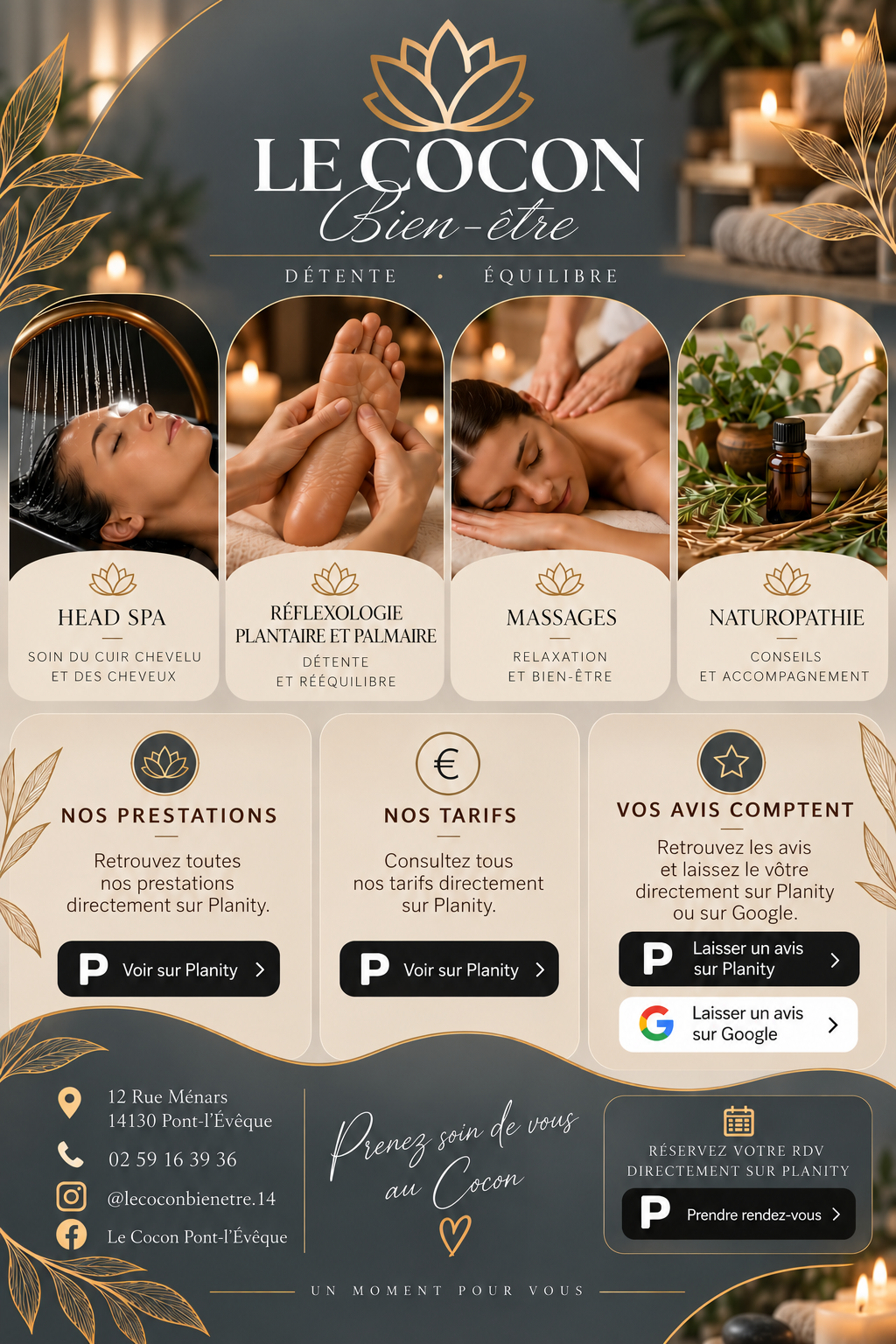 Le Cocon Bien-Être : prestations Head Spa, réflexologie plantaire et palmaire, massages, naturopathie, tarifs et coordonnées à Pont-l’Évêque.